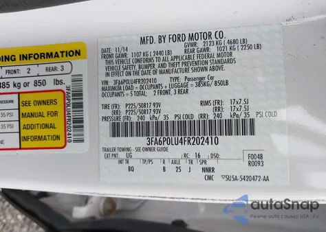 2015 Ford Fusion Hybrid Se z USA, uszkodzony, nr VIN 3FA6P0LU4FR202410